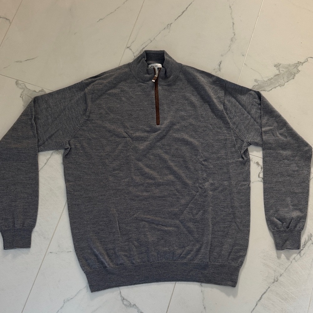 NEW Peter Millar Autumn Crest Suede Trim 1/4 Zip - British Grey